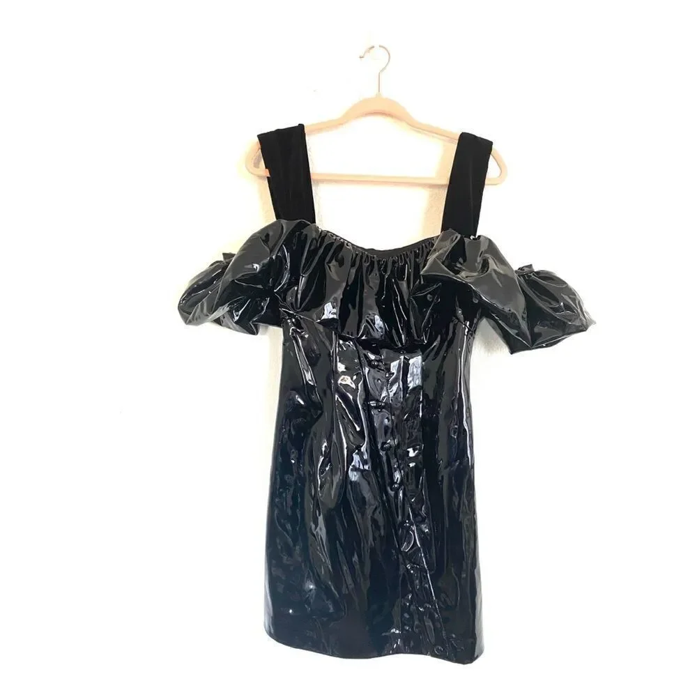 Sandra Mansour Faux Patent Leather Ruffled Dress IT38